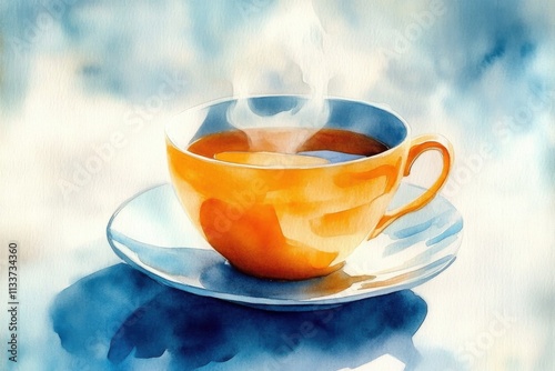 The delicate wisps of steam rise elegantly from the cup in this painting. photo