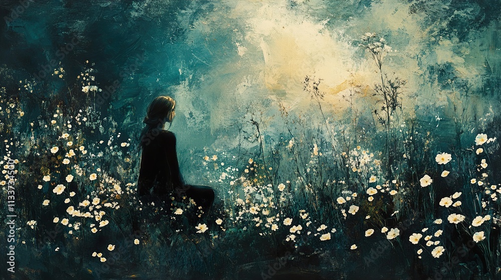 Woman Contemplating in a Serene Field of Flowers Woman Contemplating in a Serene Field of Flowers