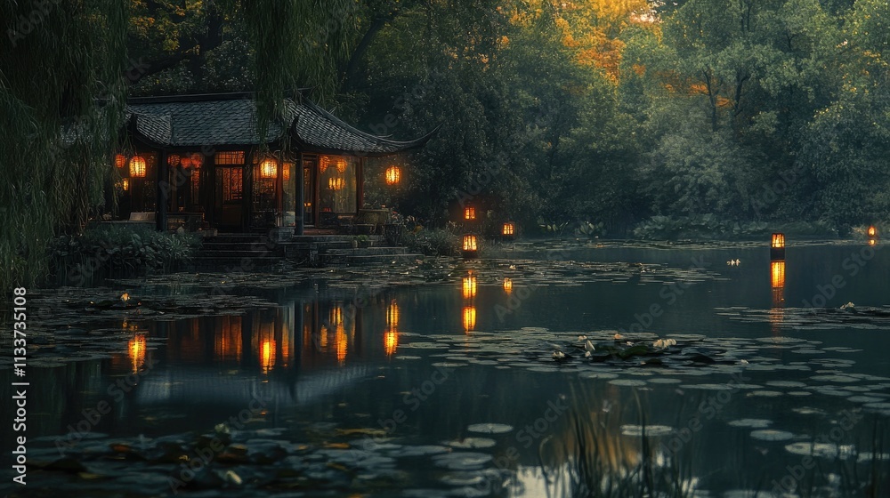 Obraz premium Tranquil Evening by the Pond with Lanterns and Reflections of Nature