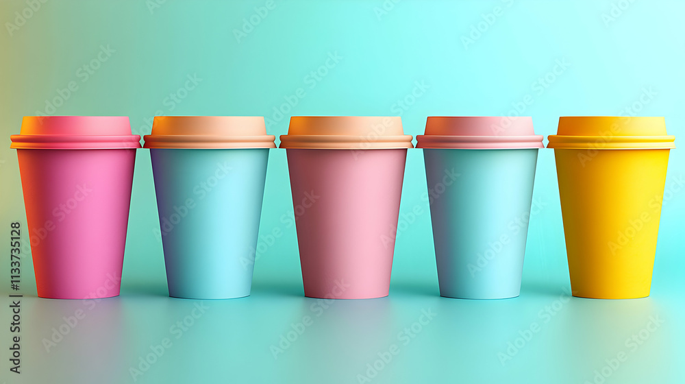 Pastel-Colored Disposable Cups in a Row on a Teal Background: A Vibrant Display of Colorful Beverage Containers Arranged Neatly for a Refreshing Summer Vibe. Pastel-Colored Disposable Cups in a Row on a Teal Background: A Vibrant Display of Colorful Beverage Containers Arranged Neatly for a Refreshing Summer Vibe.