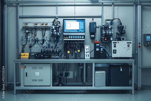 A control panel setup for industrial machinery with various components and displays.