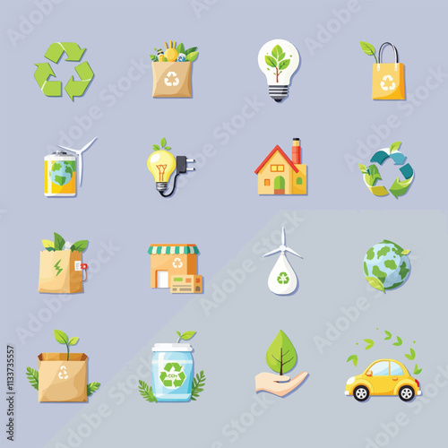 Eco-Friendly Icons Set - Flat Design for Sustainability and Green Energy Projects