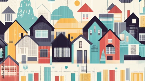 Colorful illustration of a neighborhood with diverse houses and elements of nature.
