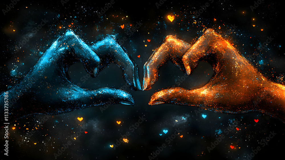 Fototapeta premium Cosmic Hearts, Two Hands Form a Heart Shape in a Starry Night, Symbolizing Love and Unity. A Celestial Embrace of Passion and Affection.