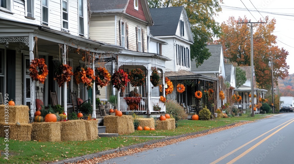 Autumn Decorated Street with Pumpkins and Wreaths in Neighborhood Autumn Decorated Street with Pumpkins and Wreaths in Neighborhood