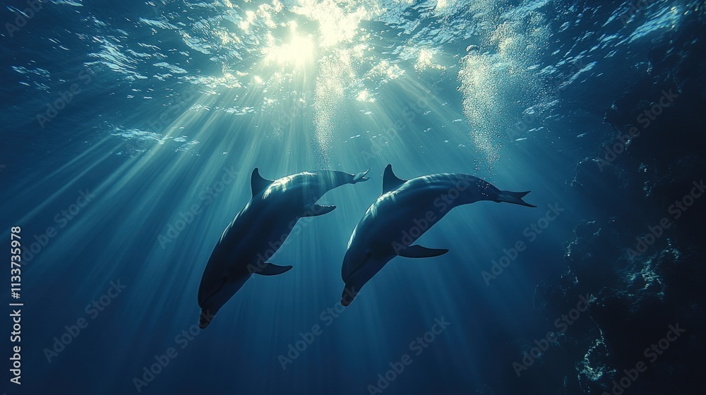 Sunlight beams, two dolphins swim, deep ocean. Sunlight beams, two dolphins swim, deep ocean.