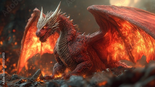 A majestic red dragon with fiery wings rests amidst molten lava and rocky terrain. photo