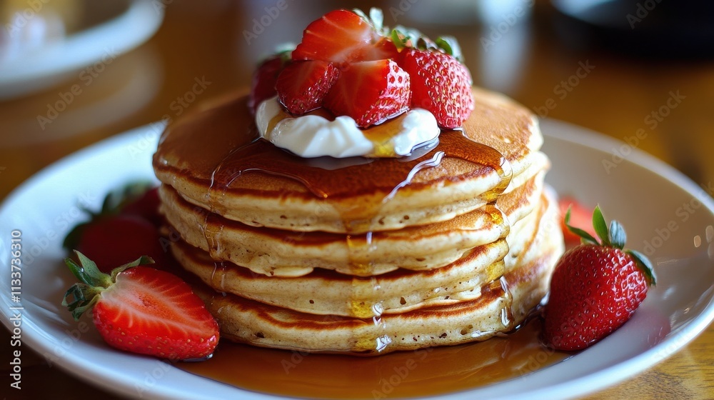 Fluffy Pancakes Stacked with Fresh Strawberries and Maple Syrup Fluffy Pancakes Stacked with Fresh Strawberries and Maple Syrup