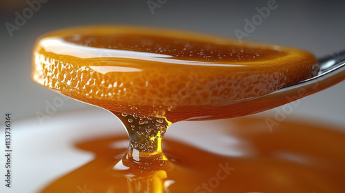 close up of dripping orange slice on spoon, showcasing its juicy texture and vibrant color. honey like syrup adds sweet touch to image, creating refreshing feel photo