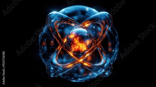 Abstract representation of an atom, with a fiery core and swirling, translucent blue energy surrounding it.