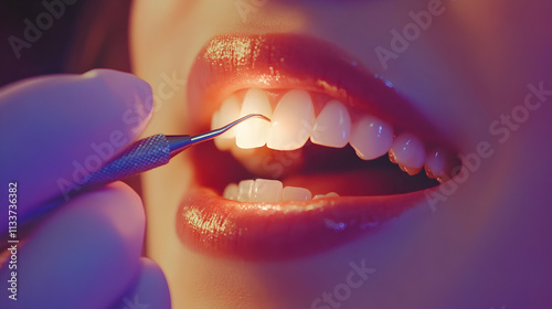 Dental Examination,  Close-up of Teeth Cleaning with a Specialized Instrument Under Soft Lighting.  A Dentist Carefully Checks for Oral Health Issues. photo