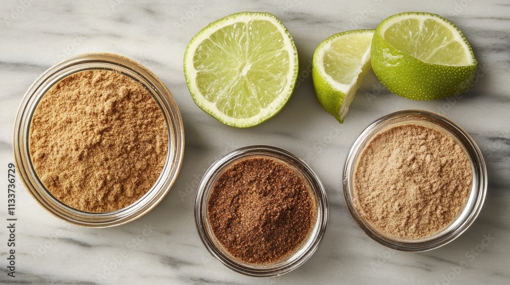 Fresh Lime Slices Next to Various Spices on Marble Table Surface Fresh Lime Slices Next to Various Spices on Marble Table Surface