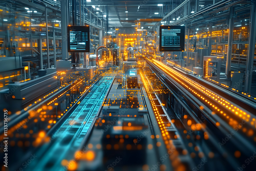 A futuristic industrial scene with conveyor belts and digital displays.