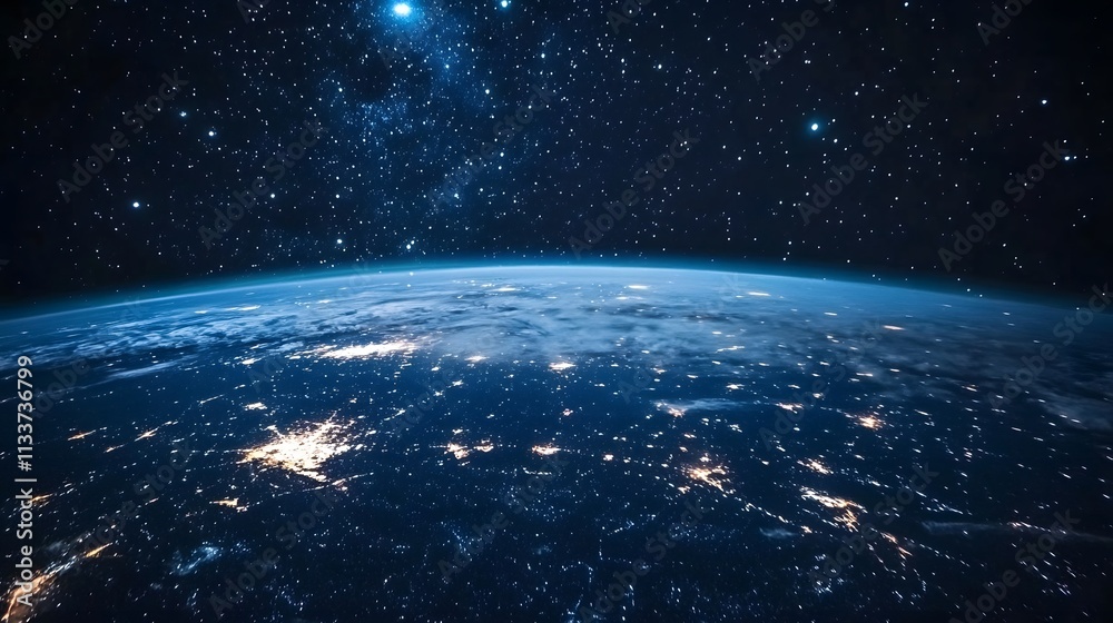 Fototapeta premium Earth at Night Viewed From Space Showing City Lights and Stars