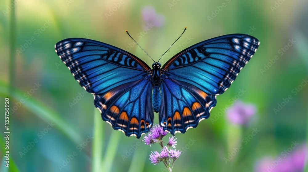 Naklejka premium Majestic Blue Butterfly on Purple Flower