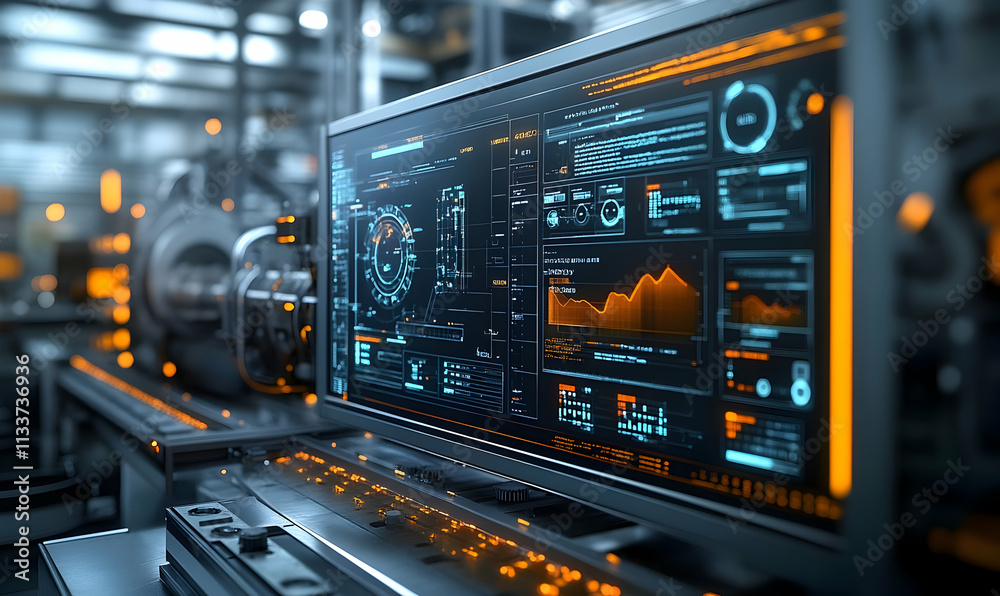 Fototapeta premium A futuristic computer interface displaying data analytics and industrial metrics.
