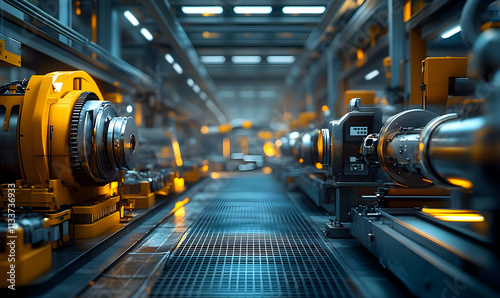 A futuristic industrial scene featuring machinery and equipment in a well-lit factory setting.