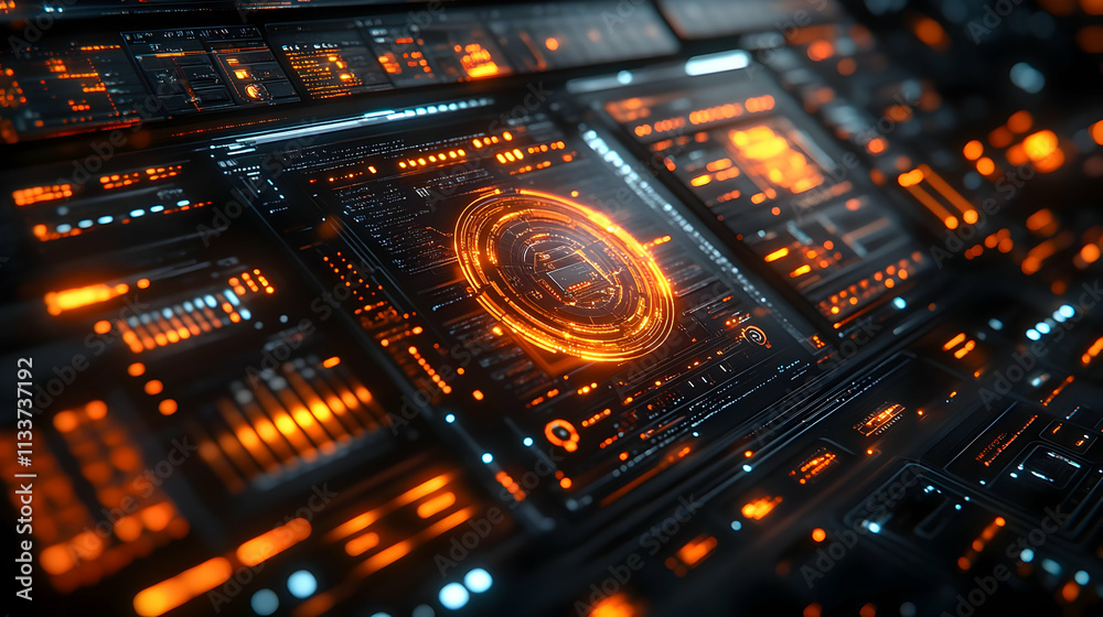 Futuristic digital interface with glowing elements and data displays. Futuristic digital interface with glowing elements and data displays.
