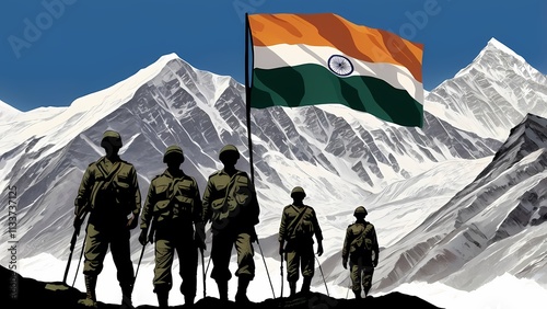 image commemorating Kargil Vijay Diwas, also known as Kargil Victory Day. The artwork depicts the silhouette of Indian Army soldiers standing proudly atop Mount Everest, holding the Indian flag .