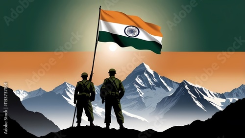 image commemorating Kargil Vijay Diwas, also known as Kargil Victory Day. The artwork depicts the silhouette of Indian Army soldiers standing proudly atop Mount Everest, holding the Indian flag .