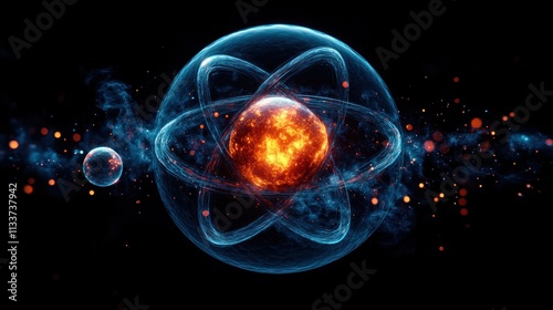 Abstract representation of an atom with glowing nucleus and electron orbits against a dark background, showing energy and motion. photo