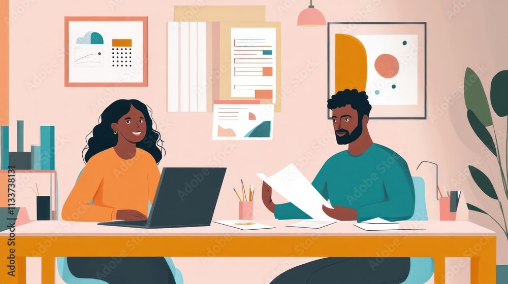 Two colleagues collaborating at a desk in a modern office, reviewing documents and using a laptop. Two colleagues collaborating at a desk in a modern office, reviewing documents and using a laptop.