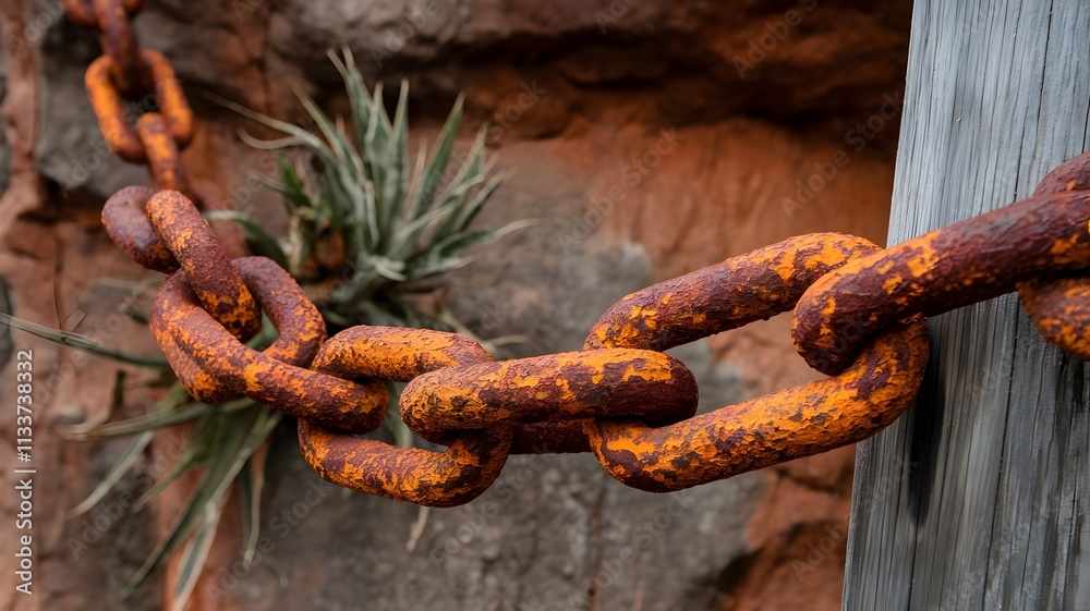 Close-up of rusted chain texture with rocky terrain background Close-up of rusted chain texture with rocky terrain background