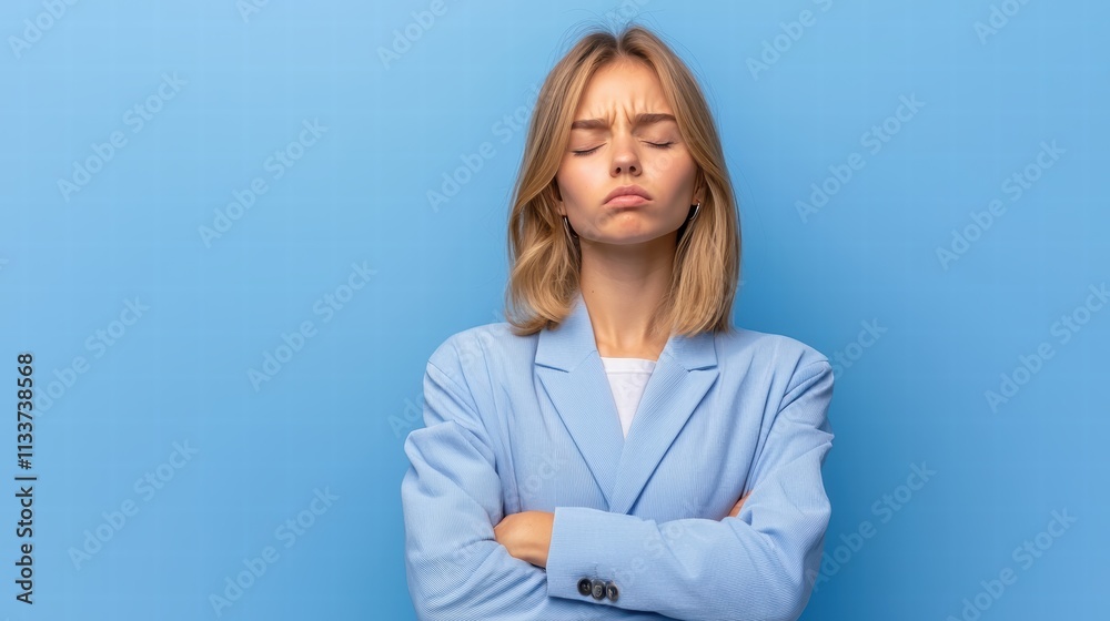 Young woman with crossed arms expressing frustration on blue background Young woman with crossed arms expressing frustration on blue background
