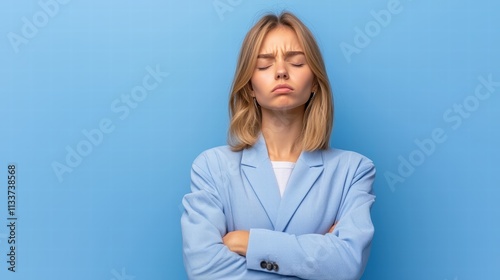 Wallpaper Mural Young woman with crossed arms expressing frustration on blue background Torontodigital.ca