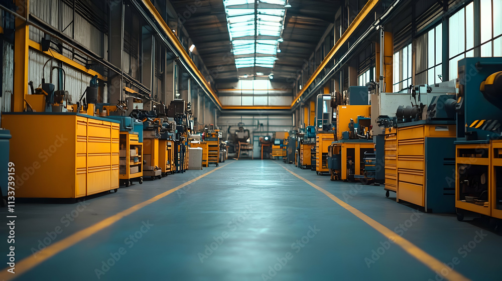 A spacious industrial workshop featuring machinery and tool storage for manufacturing tasks. A spacious industrial workshop featuring machinery and tool storage for manufacturing tasks.