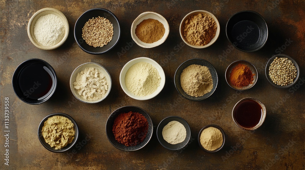 Assorted Spices and Ingredients in Bowls on Rustic Wooden Table Assorted Spices and Ingredients in Bowls on Rustic Wooden Table