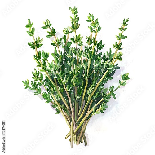 A watercolor painting of a bunch of fresh thyme sprigs, isolated on a white background.