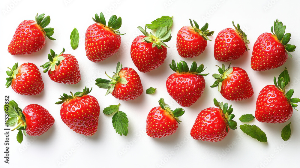 Fresh strawberries arranged on white background, showcasing their vibrant red color and green leaves, perfect for healthy eating and culinary use Fresh strawberries arranged on white background, showcasing their vibrant red color and green leaves, perfect for healthy eating and culinary use