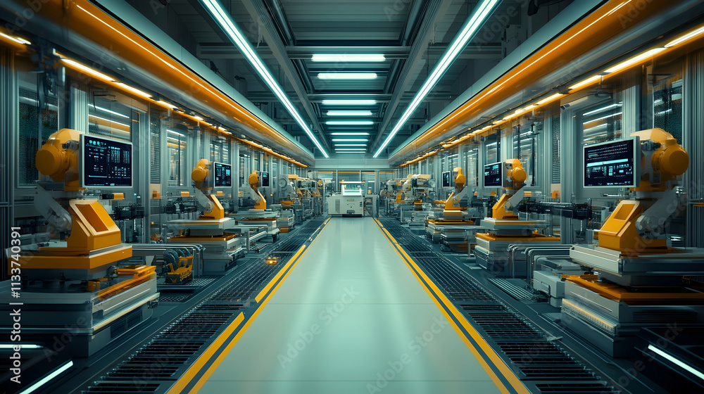 A futuristic industrial facility with robotic arms for automated manufacturing processes. A futuristic industrial facility with robotic arms for automated manufacturing processes.