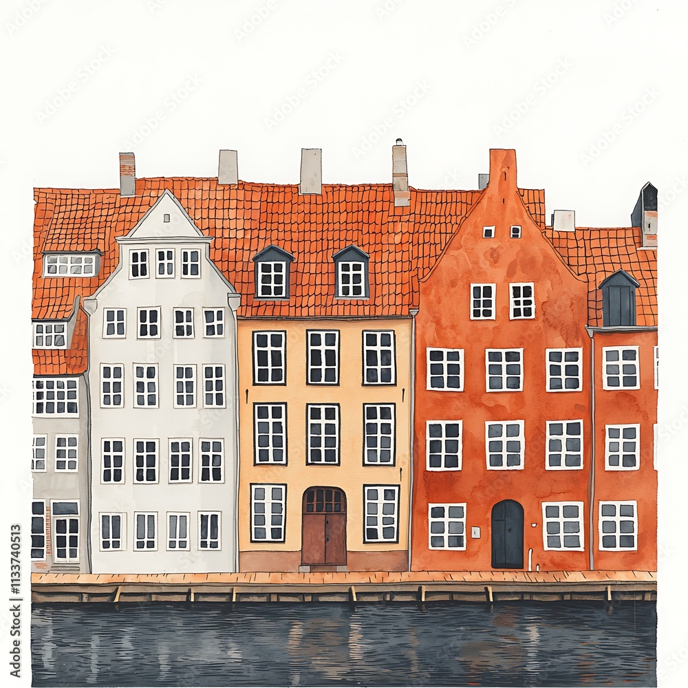 Fototapeta premium Watercolor Illustration of Colorful Canal-Side Houses in Copenhagen, Denmark.