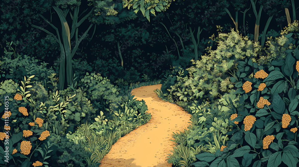 Naklejka premium Forest path winding through a thicket of brambles and shrubs, greenery, forest path, shrubs, wilderness, wild terrain. Thicket. Illustration