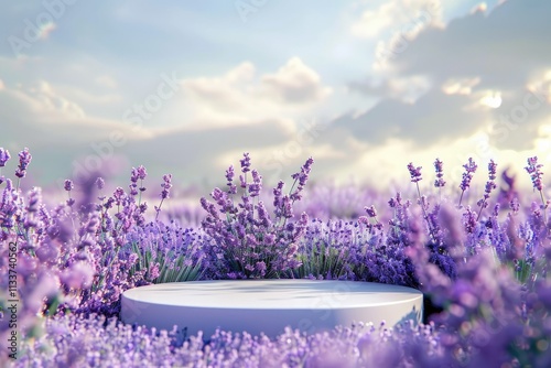 Flawless Image of Lavender Field Podium for Beauty Products and Nature Display photo