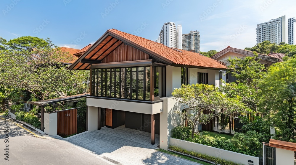 Modern Architectural Home Surrounded by Lush Greenery and Trees Modern Architectural Home Surrounded by Lush Greenery and Trees