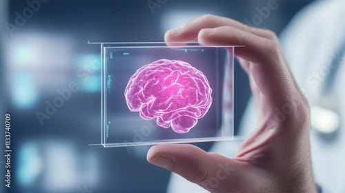 person holding holographic brain model, showcasing advanced technology in neuroscience