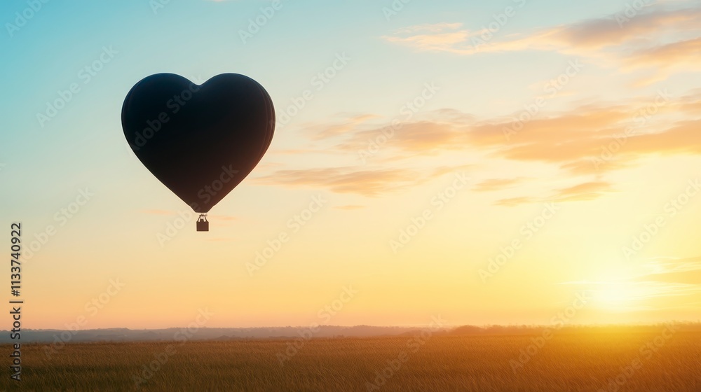 Fototapeta premium Heart Shaped Hot Air Balloon Sunset Landscape Romance