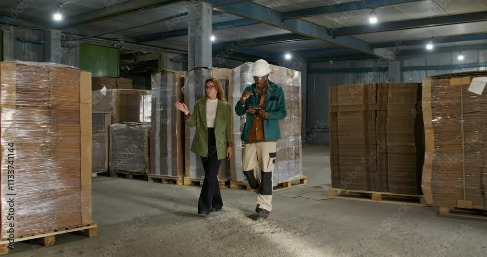 A woman in formal clothes talks to a worker walking through a paper mill warehouse with a serious look. A man uses a tablet A woman in formal clothes talks to a worker walking through a paper mill warehouse with a serious look. A man uses a tablet