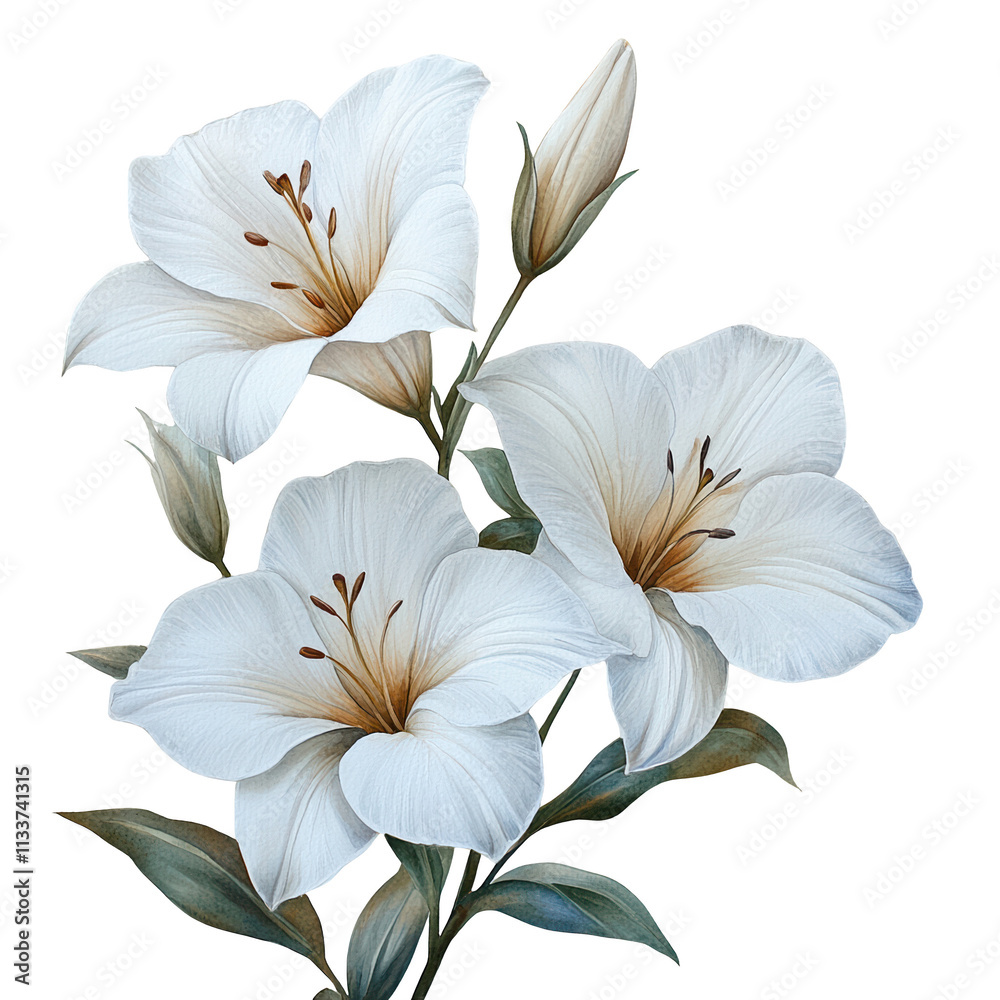 Fototapeta premium Three white flowers with brown tips. Generative AI