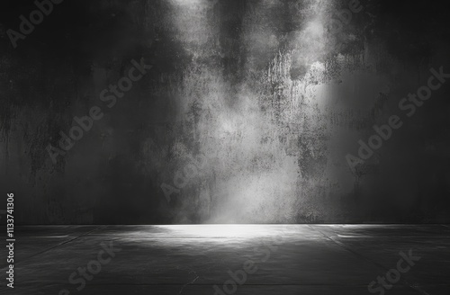 Dark grunge room with spotlight, textured wall and floor.