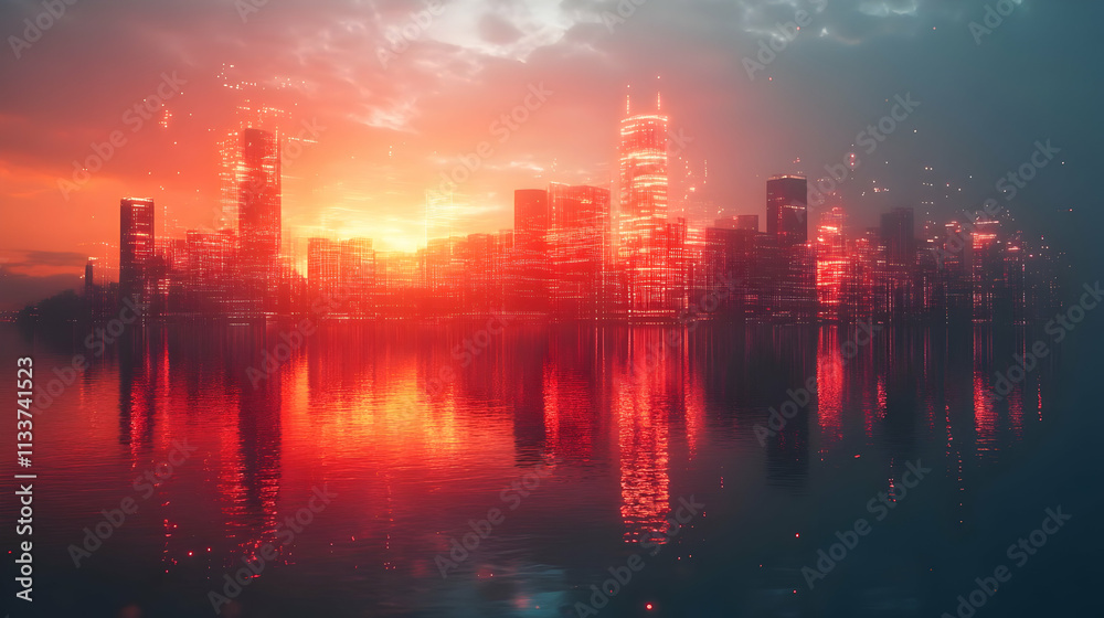 A vibrant city skyline at sunset, reflecting in water with a digital overlay effect. A vibrant city skyline at sunset, reflecting in water with a digital overlay effect.