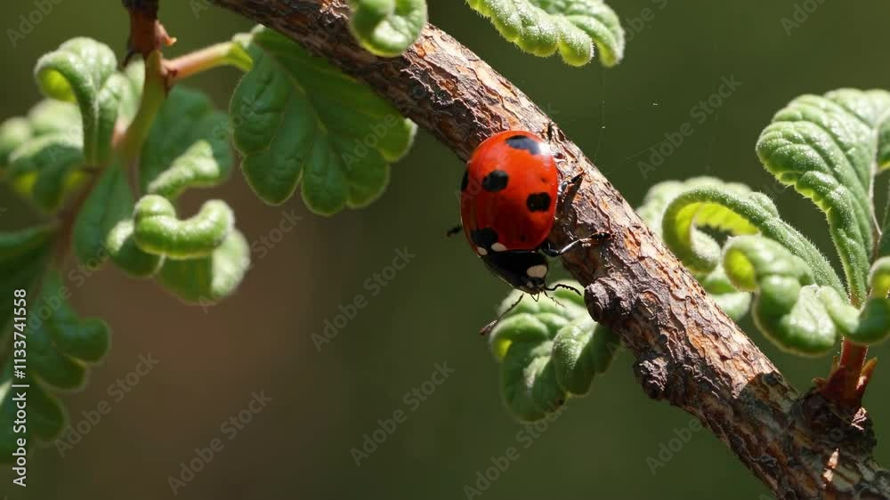 Red Ladybug on Green Tree Branch, Soft Focus Close-Up Nature Photography for Wildlife Conservation or Insect Study Red Ladybug on Green Tree Branch, Soft Focus Close-Up Nature Photography for Wildlife Conservation or Insect Study