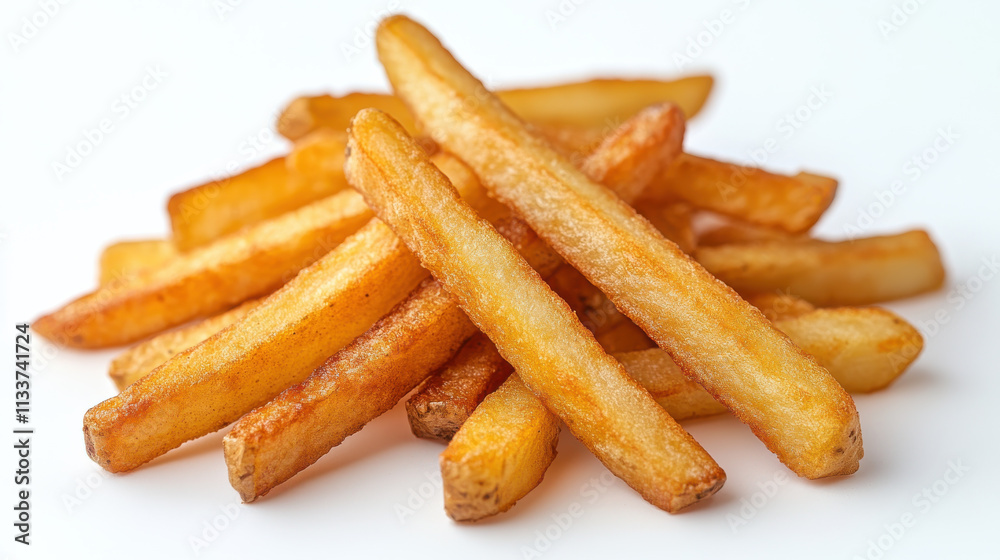 Crispy golden French fries stacked on white background, perfect for snacking or as side dish. Enjoy delicious taste and texture of these classic potato fries! Crispy golden French fries stacked on white background, perfect for snacking or as side dish. Enjoy delicious taste and texture of these classic potato fries!