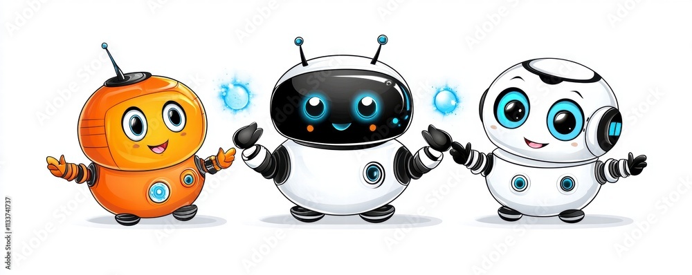 Three Cute Robots Holding Light Bulbs Three Cute Robots Holding Light Bulbs