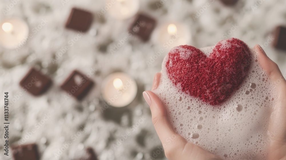 Fototapeta premium Romantic Spa Day Red Heart Soap in Foam with Candles