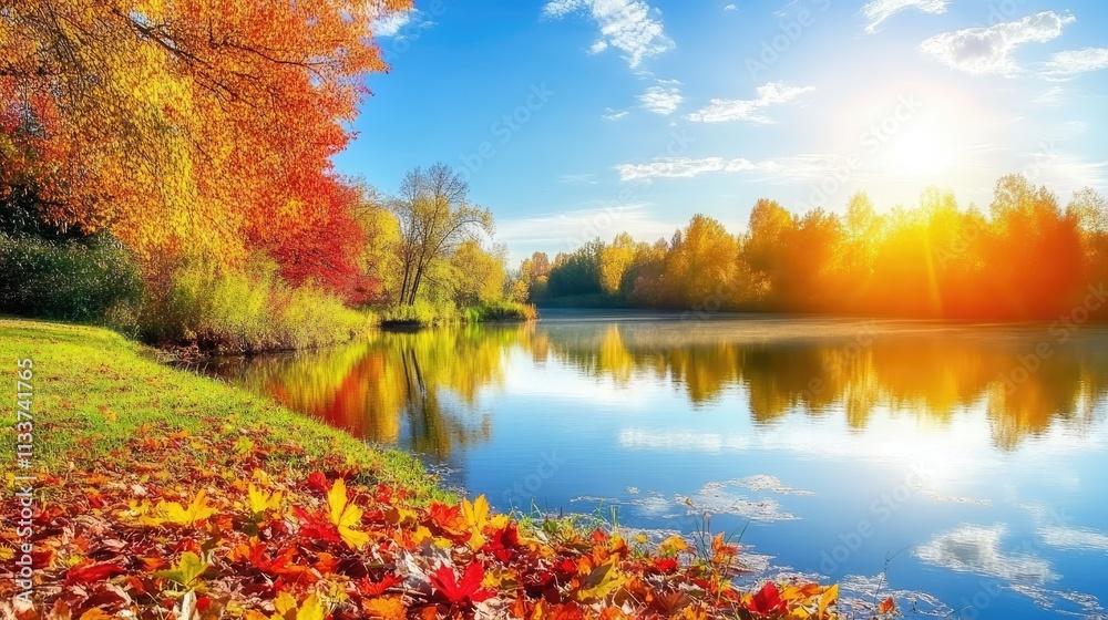 Serene Autumn Landscape with Colorful Foliage and Calm Water Reflection Serene Autumn Landscape with Colorful Foliage and Calm Water Reflection