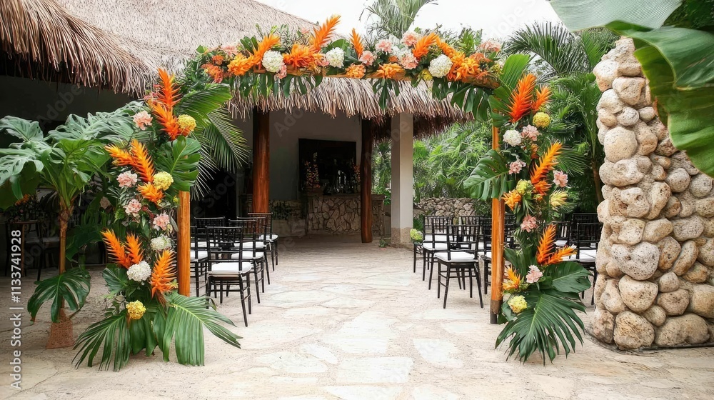 Floral Arch with Tropical Plants for Outdoor Wedding Ceremony Floral Arch with Tropical Plants for Outdoor Wedding Ceremony